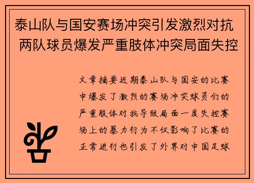 泰山队与国安赛场冲突引发激烈对抗 两队球员爆发严重肢体冲突局面失控